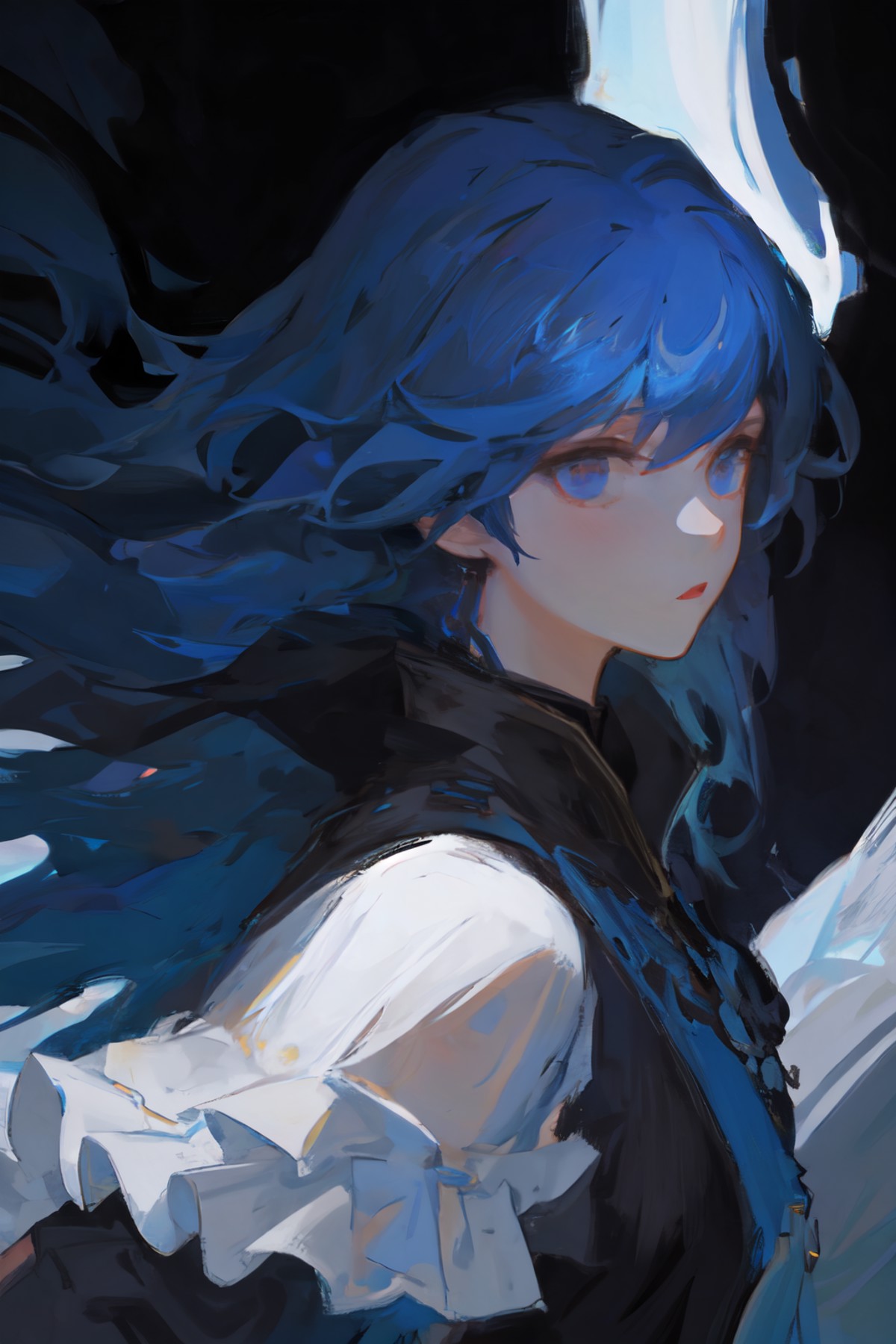(Style by NTY:1.4), female, ringlets, blue hair, intricate, dark <lora:OilPaint:0.7>